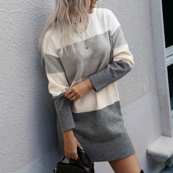 Cozy Grey Color Block Knit Sweater Dress Minimalist - Picture 4 of 4